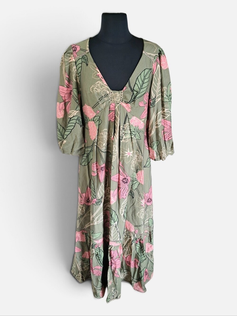 Baltic Born The Lonna Maxi Dress Olive & Fuchsia Floral Size XL